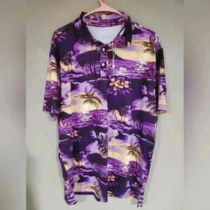 NWOT Tomwol men's Polo Hawaiian shirt purple yellow print size L